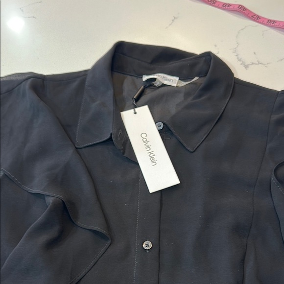 NWT Calvin  Klein Black Ruffled Notched Collar Blouse - Picture 5 of 10
